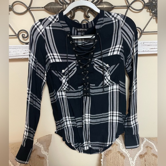 Express Tops - Express Black and White Plaid Long Sleeve Lace Up Shirt, size xs